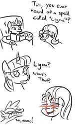 Size: 357x591 | Tagged: safe, artist:jargon scott, spike, starlight glimmer, twilight sparkle, alicorn, dragon, pony, unicorn, g4, book, chair, comic, confused, derp, female, frown, glare, glowing eyes, grin, lens flare, ligma, lineart, lip bite, male, mare, monochrome, omae wa mou shindeiru, open mouth, raised eyebrow, reading, simple background, sitting, smiling, smirk, this will end in "gottem", this will end in death, this will end in tears, this will end in tears and/or death, twilight sparkle (alicorn), white background, wide eyes