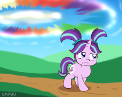 Size: 1000x800 | Tagged: safe, artist:empyu, starlight glimmer, pony, unicorn, g4, the cutie mark chronicles, cutie mark, female, filly, filly starlight glimmer, grumpy, solo, sonic rainboom, theory, unamused, walking, younger
