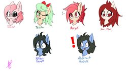 Size: 4096x2304 | Tagged: safe, artist:exxie, oc, oc only, oc:abstract module, oc:har blair, oc:mayni, oc:reflect decrypt, oc:setna, oc:tezla, earth pony, pony, unicorn, blushing, bow, exclamation point, fangs, female, hair bow, heterochromia, looking at you, mare, simple background, twins, white background
