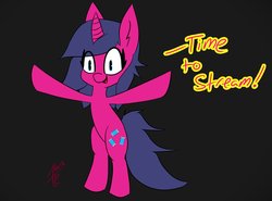 Size: 3776x2801 | Tagged: safe, artist:exxie, oc, oc only, oc:fizzy pop, pony, unicorn, black background, high res, simple background, standing up, stream announcement