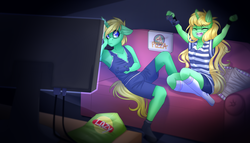 Size: 3500x2000 | Tagged: safe, artist:agrix, oc, oc only, oc:arcane tesla, oc:mysti tesla, unicorn, anthro, unguligrade anthro, anthro oc, armpits, brother and sister, clothes, controller, couch, female, floppy ears, glasses, high res, kneesocks, male, mare, shirt, shorts, siblings, smiling, socks, stallion, t-shirt, twins
