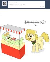 Size: 733x905 | Tagged: safe, artist:askdonutstoles, oc, oc only, oc:corn, oc:donut stoles, earth pony, pony, tumblr:ask donut stoles, angry, ask, bandana, dialogue, duo, eating, female, food, mare, on back, open mouth, popcorn, simple background, tumblr, white background, yelling
