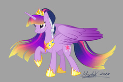 Size: 1280x853 | Tagged: safe, artist:dragbax, twilight sparkle, alicorn, pony, g4, alternate hairstyle, big crown thingy, colored wings, female, flowing mane, gradient mane, gradient wings, gray background, hoof shoes, jewelry, mare, older, raised hoof, recolor, regalia, signature, simple background, spread wings, twilight sparkle (alicorn), ultimate twilight, wings