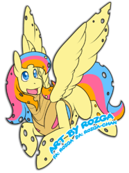 Size: 594x800 | Tagged: safe, artist:rozga, oc, oc only, oc:golden gates, changeling, changelingified, female, flying, looking at you, mare, open mouth, simple background, smiling, solo, species swap, spread wings, transparent background, wings