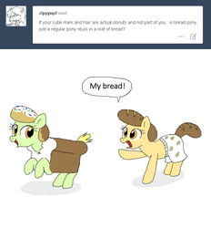 Size: 670x723 | Tagged: safe, artist:askdonutstoles, oc, oc only, oc:bread pony, oc:donut stoles, bread pony, earth pony, pony, tumblr:ask donut stoles, accessory swap, ask, boxers, bread, clothes, dialogue, duo, female, food, looking back, mare, open mouth, raised hoof, simple background, smiling, thief, tumblr, underwear, white background