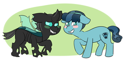 Size: 1280x634 | Tagged: safe, artist:winterwithers, crystal hoof, thorax, changeling, pony, g4, the times they are a changeling, blushing, cute, disguised changeling, duality, duo, floppy ears, thorabetes