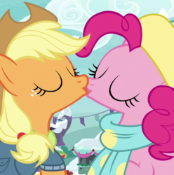 Size: 620x625 | Tagged: safe, edit, edited screencap, screencap, applejack, pinkie pie, earth pony, pony, g4, my little pony best gift ever, clothes, duo, eyes closed, female, kiss on the lips, kissing, lesbian, mare, scarf, ship:applepie, shipping, sweater, winter outfit