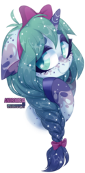 Size: 989x2000 | Tagged: safe, artist:zombie, oc, oc only, oc:andromeda, pony, unicorn, bow, braid, bust, female, hair bow, mare, simple background, solo, transparent background