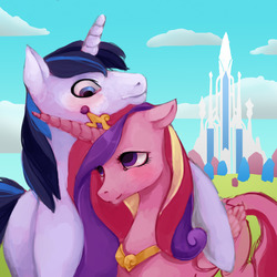 Size: 1280x1280 | Tagged: dead source, safe, artist:ronniesponies, princess cadance, shining armor, alicorn, pony, unicorn, g4, blushing, crystal empire, female, hug, husband and wife, male, mare, married couple, neck nuzzle, no catchlights, ship:shiningcadance, shipping, stallion, straight