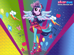 Size: 800x600 | Tagged: safe, artist:user15432, twilight sparkle, alicorn, human, equestria girls, g4, my little pony equestria girls: rainbow rocks, clothes, dressup, high heels, humanized, leggings, ponied up, pony ears, rainbow hair, rainbow rocks outfit, rock and roll, rockstar, shoes, solo, starsue, twilight sparkle (alicorn), winged humanization, wings