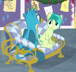 Size: 589x561 | Tagged: safe, screencap, gallus, sandbar, griffon, pony, g4, hearth's warming shorts, my little pony best gift ever, mystery voice, chair, cropped, cutie mark, male, tail, wings