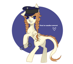 Size: 2000x1749 | Tagged: safe, artist:annlotus, oc, oc only, pegasus, pony, cuffs, dialogue, digital art, female, leonine tail, looking at you, mare, police hat, solo, ych result
