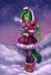 Size: 1451x2160 | Tagged: safe, artist:fuckingdinosaur, oc, oc only, oc:evergreen feathersong, pegasus, anthro, anthro oc, boots, christmas, digital art, female, holiday, mare, present, shoes, signature, snow, solo, winter, ych result