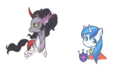 Size: 1236x714 | Tagged: safe, artist:ikirunosindo, king sombra, shining armor, pony, unicorn, g4, bust, duo, female, gleaming shield, mare, queen umbra, rule 63, simple background, smiling, sombra eyes, white background