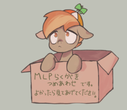 Size: 1339x1158 | Tagged: safe, artist:ikirunosindo, button mash, pony, g4, box, colt, hat, japanese, liquid button, male, pony in a box, propeller hat, sad, solo, text, translated in the comments