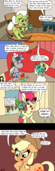 Size: 800x2500 | Tagged: safe, artist:bjdazzle, apple bloom, applejack, big macintosh, granny smith, holly the hearths warmer doll, smarty pants, earth pony, pony, best gift ever, g4, apple family, bed, chest fluff, comic, doll, female, filly, hat, holding, horseshoes, hospital bed, implied flim flam brothers, implied scootaloo, implied sweetie belle, irony, male, mare, nurse hat, patch, playing with toys, rocking chair, rug, season 8.5 holiday gift, spool, stallion, surgery, sweet apple acres, table, thread, toy, welp