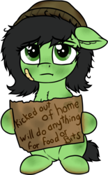 Size: 1376x2218 | Tagged: safe, artist:smoldix, oc, oc only, oc:filly anon, earth pony, pony, 2019 community collab, derpibooru community collaboration, bandage, dirty hooves, female, filly, homeless, looking at you, sign, simple background, sitting, solo, transparent background, will x for y