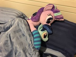 Size: 2048x1536 | Tagged: safe, artist:nekokevin, starlight glimmer, oc, oc:sierra nightingale, pegasus, pony, unicorn, series:nekokevin's glimmy, g4, bed, bedsheets, canon x oc, clothes, female, irl, lying down, male, mare, photo, pillow, plushie, self insert, size difference, smiling, socks, stallion, striped socks