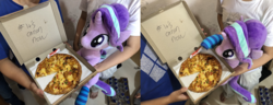 Size: 2333x900 | Tagged: safe, artist:nekokevin, starlight glimmer, human, pony, unicorn, series:nekokevin's glimmy, g4, clothes, female, food, holding, irl, irl human, mare, offscreen character, photo, pineapple pizza, pizza, pizza box, plushie, pure unfiltered evil, smiling, socks, striped socks, that pony sure does love pineapple pizza
