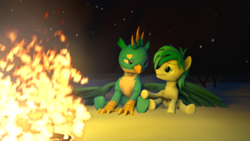 Size: 1920x1080 | Tagged: safe, artist:hedgehogninja94, gallus, sandbar, earth pony, griffon, pony, g4, 3d, fire, gay, hug, looking at each other, male, night, ship:gallbar, shipping, snow, source filmmaker, teenager, winghug