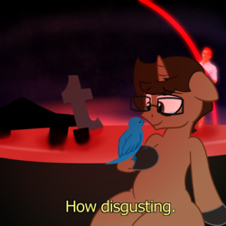 Size: 3600x3600 | Tagged: safe, artist:nerdymexicanunicorn, oc, oc only, oc:nerdy, bird, pony, unicorn, crying, detailed background, end of evangelion, glasses, high res, lucky luciano, meme, meta, subtitles, tumblr, tumblr 2018 nsfw purge, twitter, you know i had to do it to em