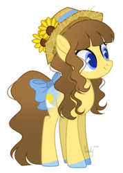 Size: 988x1390 | Tagged: safe, artist:mintoria, oc, oc only, oc:sunny flower, earth pony, pony, bow, female, freckles, hat, mare, simple background, solo, straw hat, tail bow, transparent background
