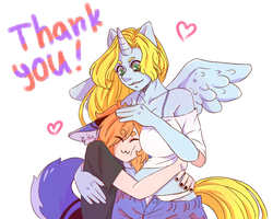 Size: 2500x2000 | Tagged: safe, artist:cactus_kun, oc, oc only, oc:graceful charity, alicorn, fox, human, kitsune, anthro, :3, alicorn oc, artist avatar, boob smothering, bra strap, breasts, clothes, floating heart, fox ears, fox tail, head pat, heart, height difference, high res, hug, jeans, off shoulder, open fly, panties, pants, pat, shirt, simple background, smothering, spread wings, unbuttoned, underwear, white background, white underwear, wings