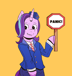 Size: 1280x1352 | Tagged: safe, artist:raph13th, starlight glimmer, pony, unicorn, g4, bipedal, clothes, colored hooves, dexterous hooves, female, grin, hat, hoof hold, magnetic hooves, mare, nervous, nervous smile, orange background, panic, simple background, smiling, solo, stop sign, sweat, tumblr 2018 nsfw purge, yellow background