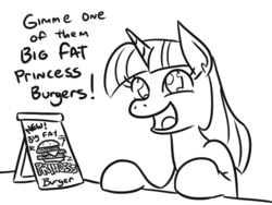 Size: 621x466 | Tagged: safe, artist:jargon scott, twilight sparkle, pony, g4, black and white, burger, dialogue, female, food, grayscale, monochrome, open mouth, simple background, smiling, solo, twilight burgkle, white background
