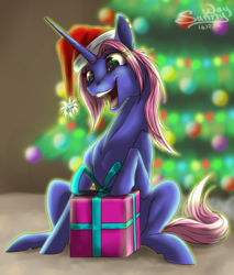 Size: 1000x1176 | Tagged: safe, artist:sunny way, oc, oc only, pony, unicorn, rcf community, christmas, christmas tree, cute, female, finished commission, general, happy, hat, holiday, mare, new year, open mouth, present, santa hat, solo, tree, ych result