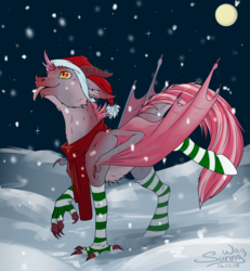 Size: 1000x1084 | Tagged: safe, artist:sunny way, oc, oc only, dracony, dragon, hybrid, pony, rcf community, calws, christmas, clothes, cute, finished commission, fluffy, fur, general, happy, hat, holiday, male, new year, night, open mouth, santa hat, scarf, snow, snowfall, socks, solo, stallion, striped socks, tongue out, wings, winter, ych result