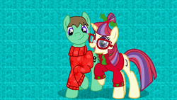 Size: 1920x1080 | Tagged: safe, artist:osipush, moondancer, oc, oc:ian, g4, christmas, clothes, glasses, hearth's warming, holiday, sweater