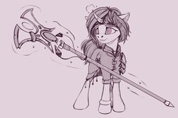 Size: 1920x1280 | Tagged: source needed, safe, artist:apostolllll, oc, oc only, pony, unicorn, bracelet, clothes, jewelry, magic, monochrome, shoulder pads, sketch, solo, staff, telekinesis