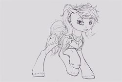 Size: 1920x1280 | Tagged: source needed, safe, artist:apostolllll, oc, oc only, pony, unicorn, armor, female, mare, monochrome, raised hoof, sketch, smiling, solo