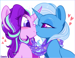 Size: 751x588 | Tagged: safe, artist:esmeia, starlight glimmer, trixie, pony, unicorn, g4, bedroom eyes, blushing, cape, clothes, crossed horns, curved horn, cute, duo, eye contact, eyelashes, eyeshadow, female, floating heart, hatless, heart, horn, horns are touching, kiss on the lips, kissing, leaning forward, lesbian, lidded eyes, looking at each other, makeup, mare, missing accessory, scarf, ship:startrix, shipping, signature, simple background, smiling, sparkles, trixie's cape, white background, wide eyes