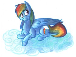 Size: 1280x951 | Tagged: safe, artist:frankiweaselpants, rainbow dash, g4, cloud, cute, dashabetes, looking at something, lying on a cloud, simple background, smiling, traditional art