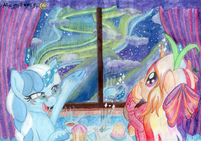 Size: 3478x2446 | Tagged: safe, artist:magnifsunspiration, oc, oc only, oc:burberry bloomingflower, oc:frosty icepeaks, original species, pony, unicorn, aurora borealis, clothes, cupcake, featured image, female, food, high res, mare, traditional art