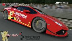 Size: 480x270 | Tagged: safe, artist:forzaveteranenigma, sunset shimmer, pony, fanfic:equestria motorsports, g4, car, circuit de spa francorchamps, driving, forza motorsport 7, lamborghini, lamborghini huracan, motorsport, photo, race track, racing, supercar