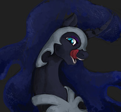Size: 1280x1186 | Tagged: safe, artist:ronniesponies, nightmare moon, alicorn, pony, g4, bust, curved horn, female, gray background, horn, licking, licking lips, mare, open mouth, portrait, simple background, tongue out