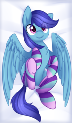 Size: 2508x4272 | Tagged: safe, artist:scarlet-spectrum, oc, oc only, oc:sierra nightingale, pegasus, pony, bed, belly, clothes, looking at you, slender, socks, solo, striped socks, thin