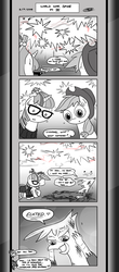 Size: 1451x3300 | Tagged: safe, artist:loreto-arts, applejack, gilda, moondancer, pony, comic:friendship is innuendo, comic:friendship is innuendo vol. 2, g4, comic, heart eyes, monochrome, wingding eyes