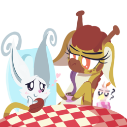 Size: 1000x1000 | Tagged: safe, artist:dragonpone, derpibooru exclusive, angel bunny, clementine, bird, giraffe, rabbit, g4, yakity-sax, blushing, chair, confused, cup, drinking, female, floating heart, floppy ears, food, giraffes doing giraffe things, heart, lidded eyes, long tongue, male, question mark, ship:angina, shipping, simple background, smiling, straight, table, tea, teacup, tongue out, transparent background