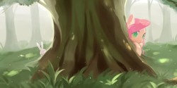 Size: 1280x640 | Tagged: safe, artist:dreamsugar, angel bunny, fluttershy, pegasus, pony, g4, cute, female, forest, grass, hiding, looking at you, mare, shyabetes, smiling, solo, tree