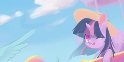 Size: 1280x640 | Tagged: safe, artist:dreamsugar, rainbow dash, twilight sparkle, alicorn, pony, g4, cute, hat, hot air balloon, solo focus, twilight sparkle (alicorn), twinkling balloon