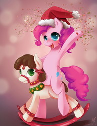 Size: 1870x2420 | Tagged: safe, artist:guinefurrie, pinkie pie, oc, earth pony, pony, g4, bell, bell collar, blushing, bondage, bridle, canon x oc, christmas, collar, confetti, cute, diapinkes, female, femdom, femsub, hat, holiday, mare, ponies riding ponies, riding, rocking horse, rocking horse bondage, santa hat, submissive, tack