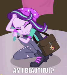 Size: 622x702 | Tagged: safe, edit, edited screencap, editor:axal-5, screencap, starlight glimmer, equestria girls, equestria girls specials, g4, mirror magic, animated, beanie, boots, bronybait, clothes, cropped, cutie mark, female, gif, hat, kuchisake onna, mirror, nervous, ripped pants, scared, shoes, shoulder bag, solo, talking, text, text edit, urban legend