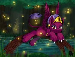 Size: 5000x3779 | Tagged: safe, artist:alphadesu, the sphinx, firefly (insect), sphinx, g4, cute, female, forest, solo, sphinxdorable, tree, tree branch, water