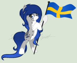 Size: 709x575 | Tagged: safe, artist:drawfrommyspirit, oc, oc only, oc:lephrasia treehoof, earth pony, pony, base used, female, flag, mare, simple background, solo, sweden