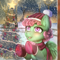 Size: 5000x5000 | Tagged: safe, artist:mintjuice, oc, oc only, oc:windcatcher, pegasus, pony, absurd resolution, admiration, christmas, christmas tree, clothes, commission, female, hat, holiday, lamp, lights, mare, mittens, scarf, snow, snowfall, store, tree, window, winter, ych result