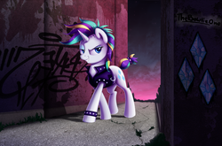 Size: 2983x1964 | Tagged: safe, artist:thebowtieone, rarity, pony, unicorn, g4, it isn't the mane thing about you, alternate hairstyle, clothes, cute, cutie mark, dreamworks face, female, graffiti, punk, raribetes, raripunk, rarity's cutie mark, smiling, solo